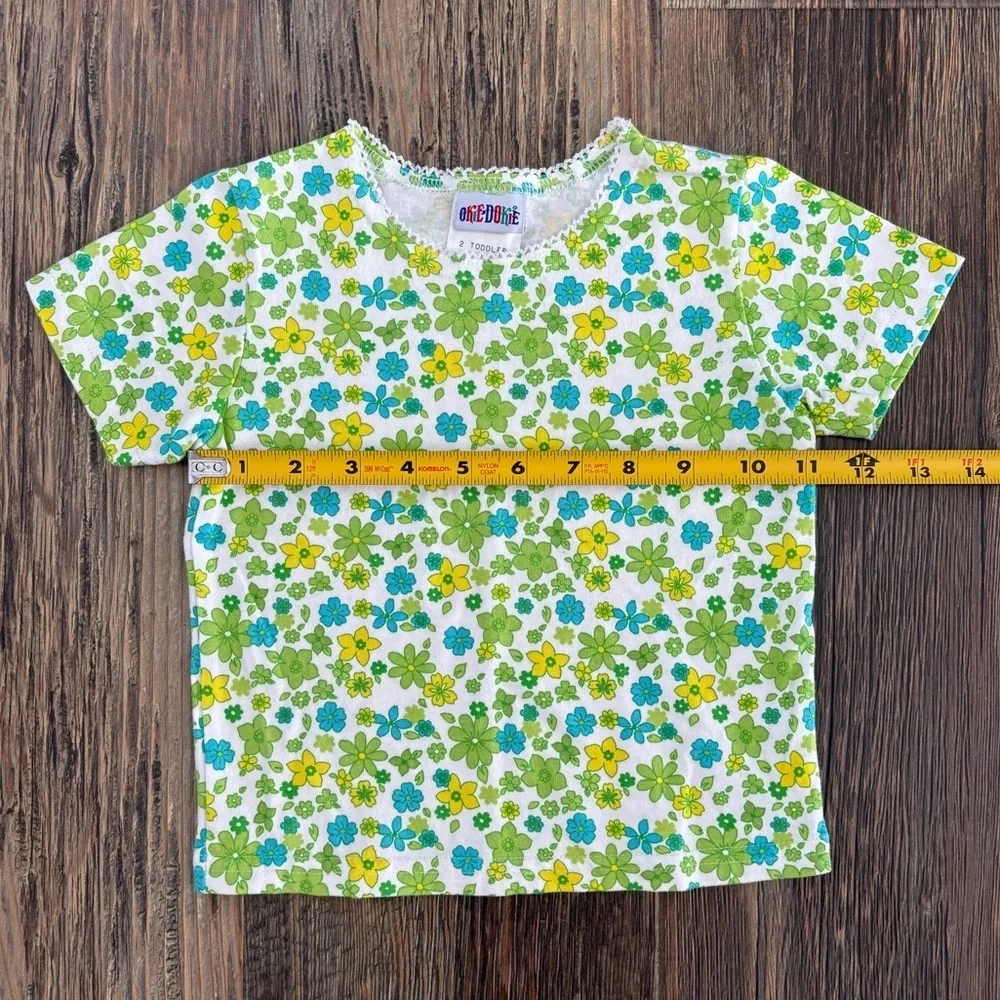 Okie Dokie S/S Tee Shirt 2T White Green Blue Yellow Floral Lace Trim 70s Style - Picture 4 of 7
